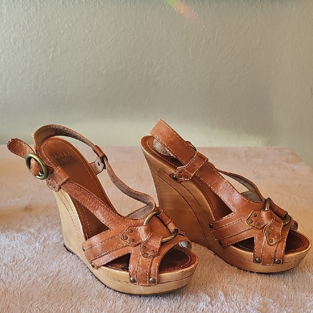 Frye Brown Leather Wedge Sandals